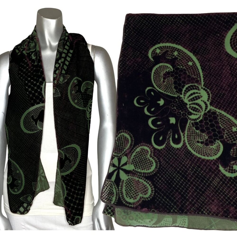 Dana Herbert Dark Purple Green Flocked Velvet Geometric Baroque Print Scarf 60"